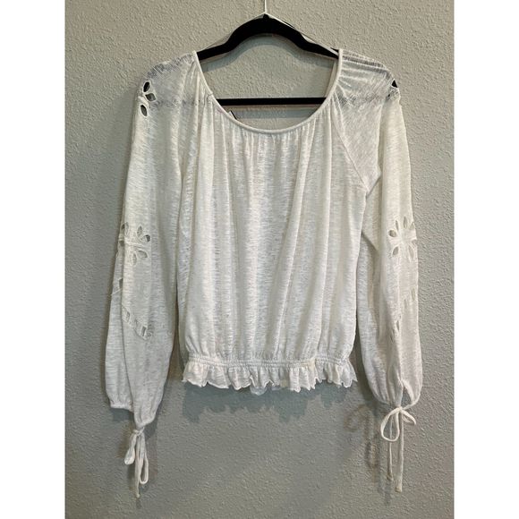 Free People Womens M Eyelet Peasant Boho Cutouts Tie Sleeve Top medium 418 - Picture 2 of 5